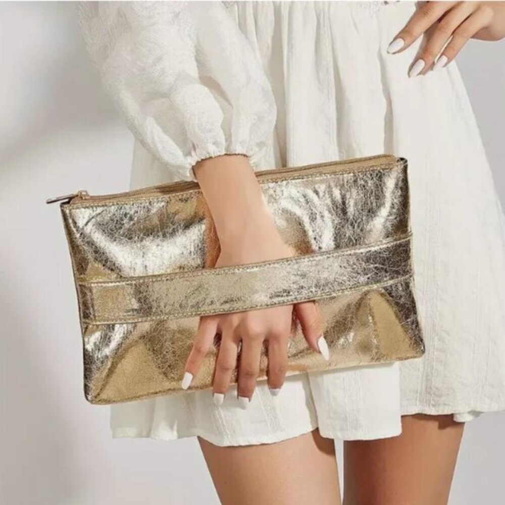 Metallic Gold Zip Pouch Clutch Formal Wedding Guest Party Evening Handbag